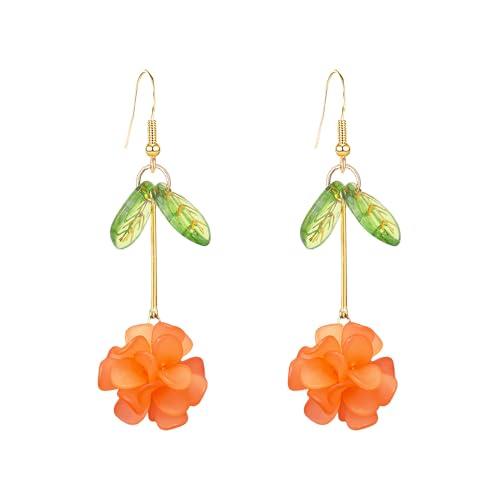 Resin Flower Cluster Ball Dangle Drop Earrings for Women Spring Summer Bohemian Floral Petal with Green Leaf Earrings Vacation Party Jewelry - color: Orange