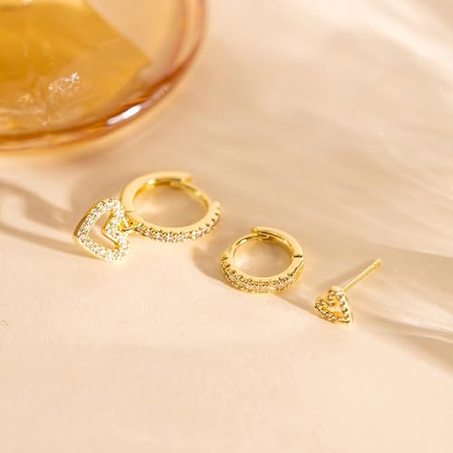 3 Pairs Small Earring Stacks, 14K Gold/Silver/Black/Rose Gold Plated Pearl Heart Butterfly Star Diamond Charm Drop Huggie Earrings Trendy Jewelry Gift for Women - color: Gold-Diamond Heart
