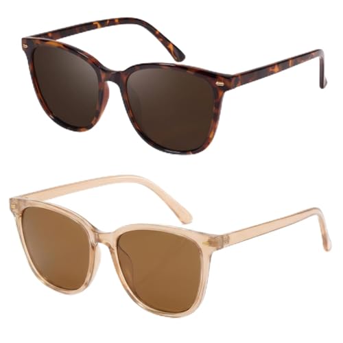 Myiaur Polarized Sunglasses for Women, Trendy Square Shades with UV400 Protection Sun Glasses for Daily (2 Pack) - color: A11 Tortoise+light Brown/ Tea