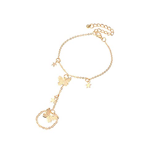 Butterfly Finger Ring Bracelet for Women Dainty Star Slave Hand Chain Harness Bangle Boho Gypsy Bollywood Beach Wedding Retro Party Y2K Jewelry 2 Pieces