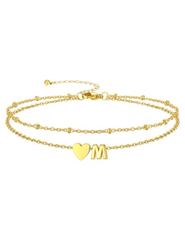 Silvora Ankle Bracelets for Women Waterproof 14K Gold/Silver/Black Initial Anklet for Women Dainty Layered Heart Ankle Bracelets Stainless Steel Adjustable Foot Chain Anklet Summer Beach Jewelry - color: Gold-14K Gold Plated, size: 13.M
