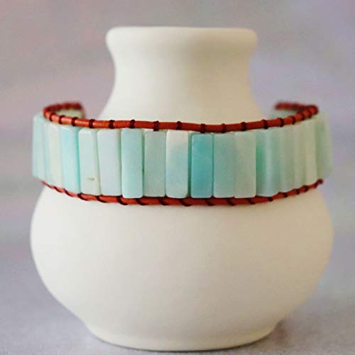 YGLINE Boho Handmade Wrap Leather Tube Crystal Stone Bracelet for Women - color: Amazonite