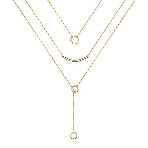 Turandoss Gold Layered Necklaces for Women - 14K Gold Plated Handmade Multilayer Bar Pearls Coin Disc Moon Butterfly Medallion Adjustable Dainty Layered Choker Necklaces for Women Jewelry - style: 3 Layered Necklace - Circle&Curved Bar&Circle Lariat