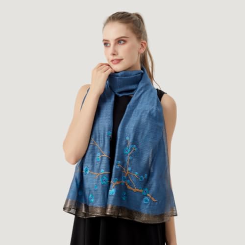 WINCESS YU Women Mulberry Silk Scarf Long & Large Embroidered Floral Pattern Shawl and Wraps Neckerchief for Hair & Neck - color: Blue
