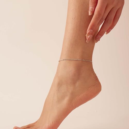 Dainty Ankle Bracelets for Women 18K Gold Plated Satellite Beaded Herringbone Lip Chain Anklets Simple Minimalist Summer Beach Foot Jewelry Christmas Gifts - color: Satellite-White Gold
