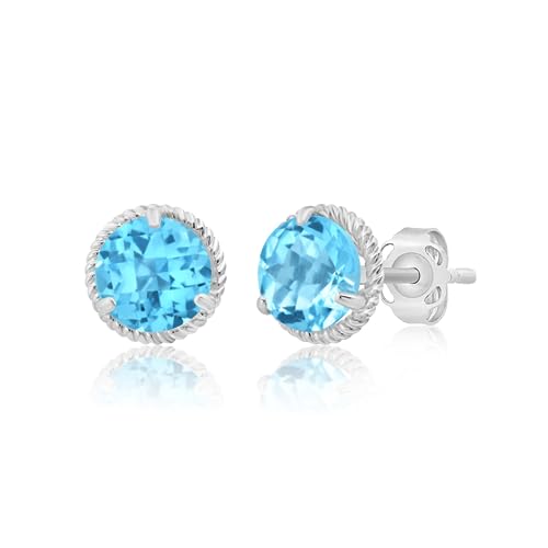 14k White or Yellow Gold Roped Halo Gemstone Round Stud Earrings for Women 6mm Birthstone with Push Backs by MAX + STONE - color: Swiss Topaz
