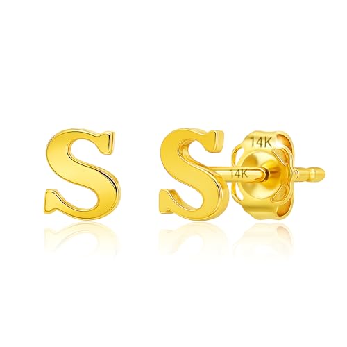 14k Gold Small Script Initial Letter Stud Earrings for Women | Anti Tarnishing 5mm 14k Gold Studs | A-Z Alphabet Earrings with Gift Box by MAX + STONE - style: S | Yellow Gold