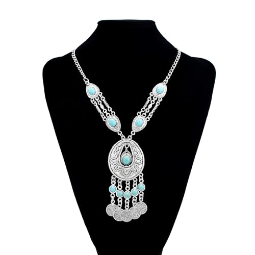 Bethynas Bohemian Ethnic Tribal Chunky Necklace Multilayer Long Tassel Turquoise Statement Neck Chain Retro Coin Gemstone Exaggerated Costume Accessories for Women - color: F-Blue