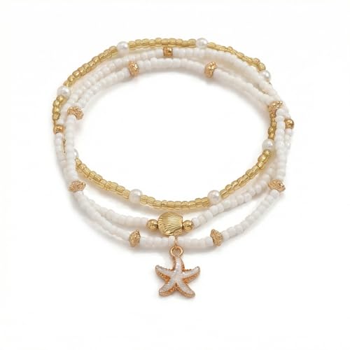 Boho Beads Beach Layered Anklet Set for Women, Handmade Gold Starfish Pearl Shell Anklets Summer Ocean Accessories Jewelry Gift - color: Gold Starfish Shell