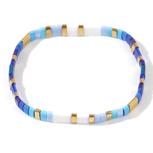 Tila Flat Beaded Stretch Bracelet for Women,Bohemian Friendship Bead Bracelets Handmade Stack Boho Jewelry Accessory for Everyday Wear, Vacation and Friend Gifts - color: blue-02