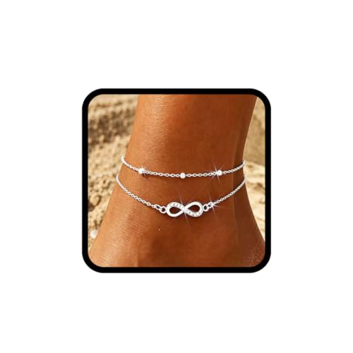 925 Sterling Silver Ankle Bracelets for Women 14K Gold Plated Layered Anklet Sets Dainty Heart Anklets Chain Waterproof Beach Foot Jewelry Gifts - style: Bow-Silver