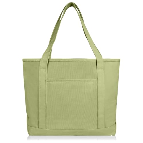 DALIX 20" Solid Color Cotton Canvas Shopping Tote Bag in Light Green - color: Light Green