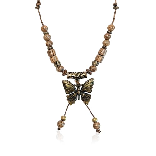 Boho Necklace for Women,Vintage Butterfly Pendant Necklaces,Adjustable Wooden Beads Layered Braided Choker,Fashion Tribal Style Leather Rope Necklace Jewelry,Chunky Statement Gift for Women - color: Brown2