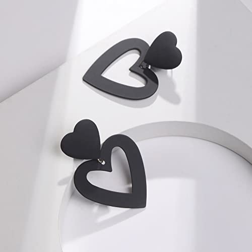 Double Heart Earrings Dangling Heart Drop Earrings For Women Love Heart Dangle Earrings Birthday Gift - color: Black