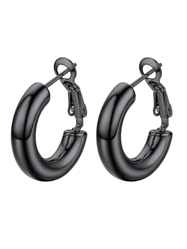 Stainless Steel Chunky Hoop Earrings For Women, Minimalist and Chic, Black/Gold Plated, Round Hoops Earrings Hypoallergenic, Size: 30mm/40mm/60mm/80mm, Come with Box - color: 1. Black, size: 20MM