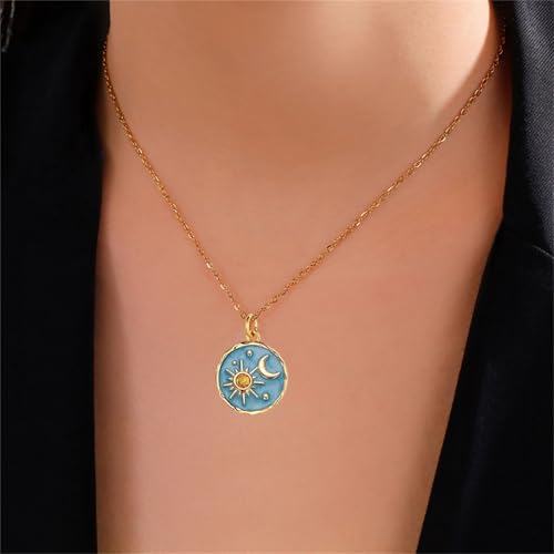 Dreuyet Vintage Sun Moon Earrings and Necklace Set for Women Boho Antiqued Crytal Sun Moon Dangle Drop Earrings Necklace Unique Handmade Retro Round Coin Celestial Jewelry Gifts - color: Gold Blue