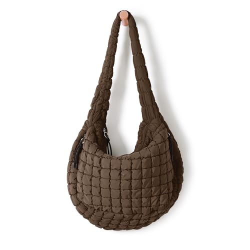 ODODOS Quilted Carryall Tote Bag for Women Crossbody Hobo Lightweight Padding Shoulder Bag - color: Dark Brown