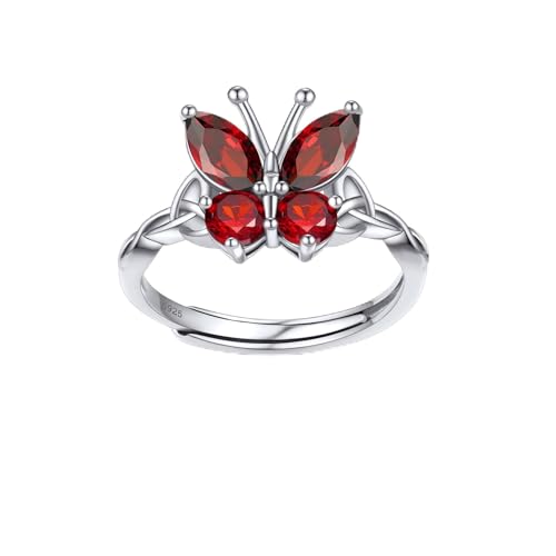 Bestyle 925 Sterling Silver Butterfly Ring Hypoallergnic Adjustable Birthstone Rings for Women Butterfly Jewelry Gifts for Anniversary Mothers' Day Birthday - color: 01.January (Garnet)-Ring