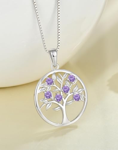 Tree of Life Necklace for Women - Solid 925 Sterling Silver 18K White Gold Plated Birthstone Pendant Jewelry - color: 02-Feb_Amethyst