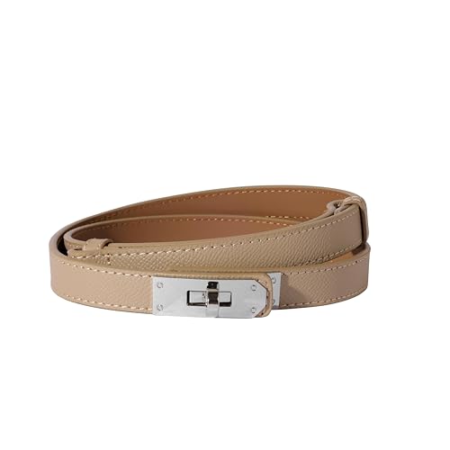 Ovekaut Women Skinny Leather Belt Solid Color Alloy Turn Lock Adjustable Waistband for Dresses Jeans Coats - color: Shallow Khaki / Silver