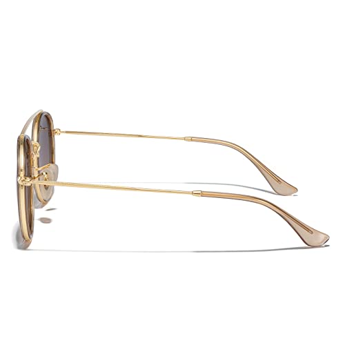 MERRY'S Retro Round Polarized Sunglasses - Unisex Double Bridge Sun Glasses - color: Tra Yellow Frame/Gold Bridge/Brown Gradient Lens
