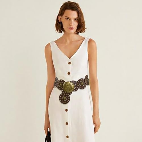 Wide Disc Belt for Women Vintage Leather Hollow Out Round Belt Western Waist Belt - color: Copper Coffee, size: M (47.2 in)