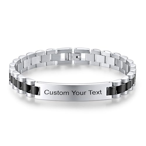 Custom Mens Bracelet Personalized Watch Band Engraved Name Bracelets for Men Customized ID Cuff Wristband Gift for Dad Husband - style: Silver&Black-1.5cm