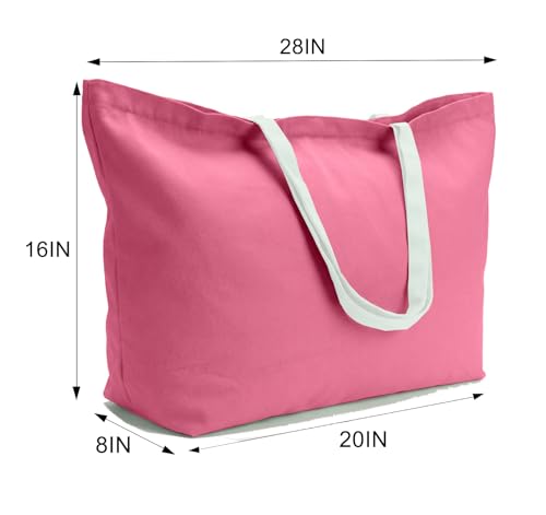 Large Canvas Tote Bag-Extra Big Shopping Beach Totes Bags Reusable Largest Grocery Plain Solid Bag 28"x8"x16" - color: Pink With Zipper