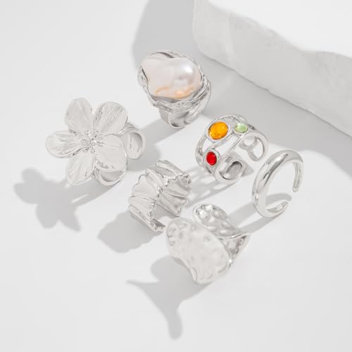 Chunky Rings for Women Adjustable Thick Rings Set Trendy Statement Stackable Ring for Women Chunky Jewlery Irregular Dome Flower Finger Knkuckle Thumb Ring - style: Style 2