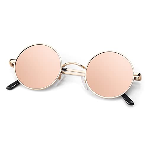 Round Polarized Sunglasses Men Women,Retro Metal Hippie Shades with 100% UV Protection - color: A05- Golden Frame Pink Lens