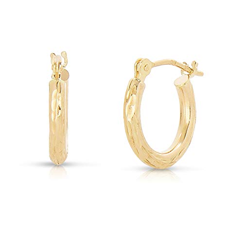 14k Gold Small Hoops Diamond-cut Engraved Hoop Earrings - color: Yellow Gold