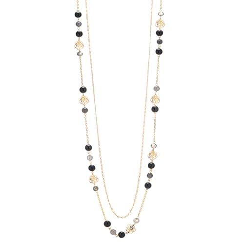 FULU AUTUMN Boho Gold Long Necklaces for Women Natural Stone Beaded Layered Long Necklace Mothers Day Gifts Dainty Flower Costume Jewelry for Women - color: Black