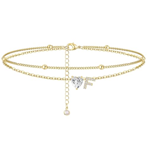 Ankle Bracelets for Women Waterproof 14K Gold Plated CZ Initial Anklet for Women Dainty Layered Letter Heart Ankle Bracelets Handmade Adjustable Foot Chain Anklet Summer Beach Jewelry - color: gold F