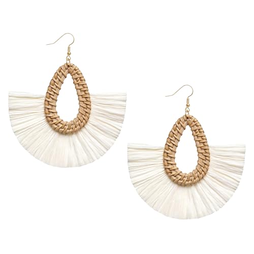 Raffia Tassel Earrings – Bohemian Dangle Earrings for Women, Lightweight Straw Wicker Drop Jewelry, Summer Beach Earrings with Trendy Rattan Fringe
