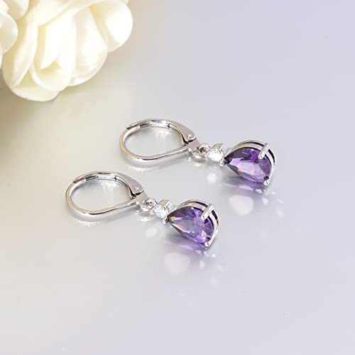 CiNily Teardrop Leverback Dangle Earrings for Women Hypoallergenic 14K Gold Plated Cubic Zircon Drop Earrings Fashion Crystal Earrings for Girls Jewelry Christmas Gifts - color: White Gold-Purple CZ