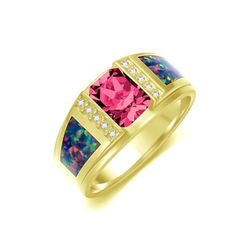 2CT Gemstone Wedding Ring for Men S925 Sterling Silver Gold Plated Opal Engagement Ring Vintage Retro Jewelry for Men Husband Anniversary Free Engraved Size 4 to 16 - style: Ruby
