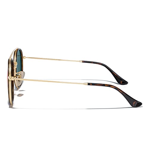 MERRY'S Retro Round Polarized Sunglasses - Unisex Double Bridge Sun Glasses - color: Leopard Frame/Gold Bridge/Pink Mirror Lens