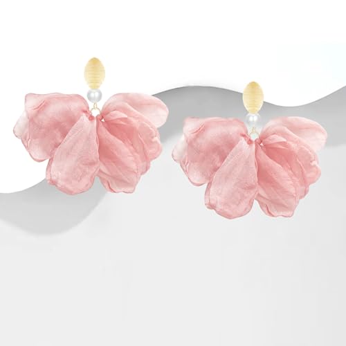 Handmade Fabric Flower Petal Fringe Dangle Drop Earrings Bohemian Floral Tassel Stud Earrings For Women - color: Meat Pink