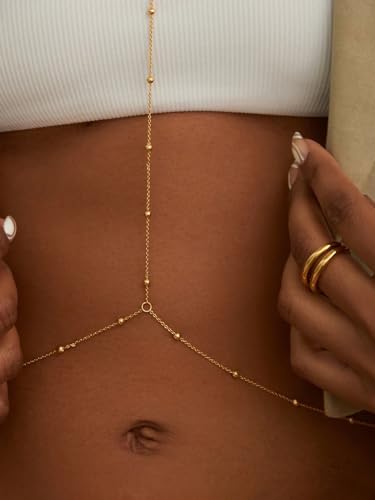 14K Gold Plated Body Chains for Women, Sexy Layered Belly Waist Chain Crossover Bikini Bra Chain, Summer Beach Rhinestone Body Jewelry - style: Gold Beads
