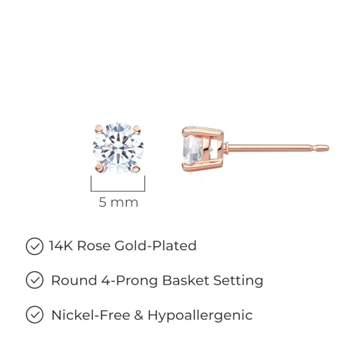 Amazon Essentials Plated Sterling Silver Cubic Zirconia Stud Earrings (Round & Princess) - color: White/Rose Gold, size: 5 mm, style: Round Cut