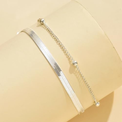 Yalice 925 Silver Ankle Bracelets Chain for Women Dainty 14K Gold Plated Waterproof Beads Anklets Layered Beach Foot Jewelry Gift - color: Silver-Snake Chain