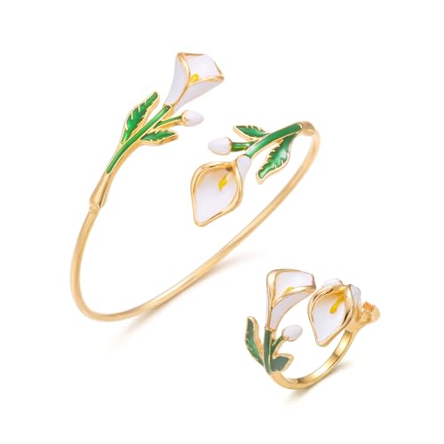 Caiyao 2Pcs Adjustable Sunflower Open Cuff Bangle Bracelets Ring Gold Tone Enamel Daisy Flower Floral Upper Arm Armband Bracelet for Women Boho Summer Inspired Floral Jewelry Gifts - style: StyleF