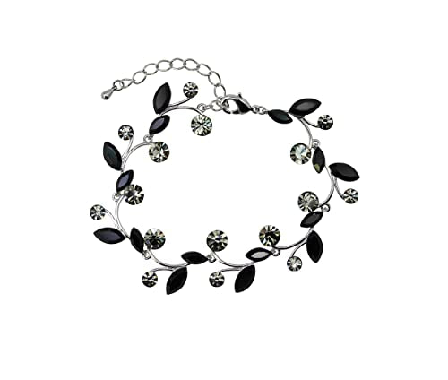 Faship Gorgeous Rhinestone Crystal Floral Necklace Earrings Set - color: Black / Matching Bracelet