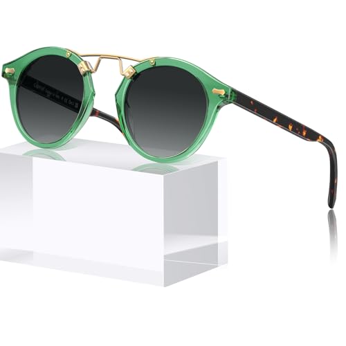 CARFIA Double Bridge Small Acetate Sunglasses for Women Polarized, Retro Metal Brow Ladies Sunnies Fashion Round Eyewears - color: 6. Translucent Green Frame Gradient Grey Lens