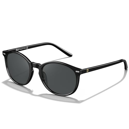DUCO Women's Trendy Retro Round Acetate Polarized Sunglasses, UV400 99% Glare Block, Lightweight for Daily & Outdoor - color: 7. Black Frame Grey Lens