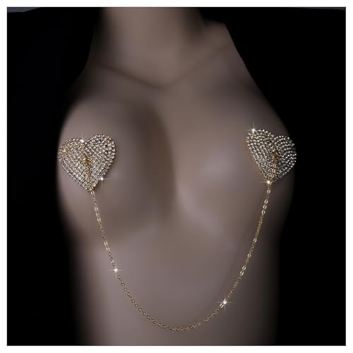 Rhinestone Heart Nipple Pasties Jewelry Sexy Festival Rave Nipple Cover Stickers Body Chain Crystal Nipple Bra Body Chain Jewelry for Women - color: Gold