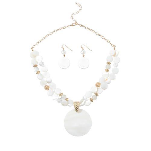 Layered Beads Statement Fashion Necklace Chunky Jewelry Set Big Colorful Glass Stone Circle Shell Pendant Choker Necklace and Earring Set for Women - color: white