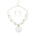 Layered Beads Statement Fashion Necklace Chunky Jewelry Set Big Colorful Glass Stone Circle Shell Pendant Choker Necklace and Earring Set for Women - color: white