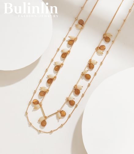 BULINLIN Layered Long Necklaces for Women Long Beaded Chain Necklace CostumeJewelry Mothers Day Gifts for Mom - color: Camel
