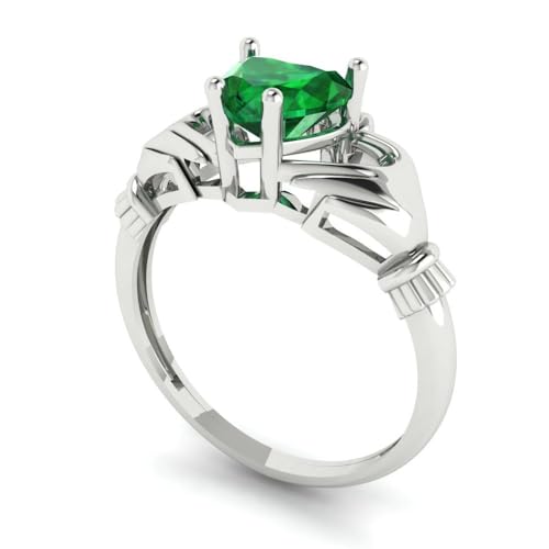Clara Pucci Simulated Emerald Heart Cut Claddagh Ring | 14K Solid Gold | 1.05 cttw | Womens White Gold Fashion Jewelry